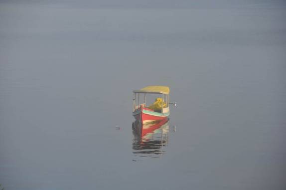 Pequeno barco no Rio Tapajós pela manhã, em Alter do Chão - PA